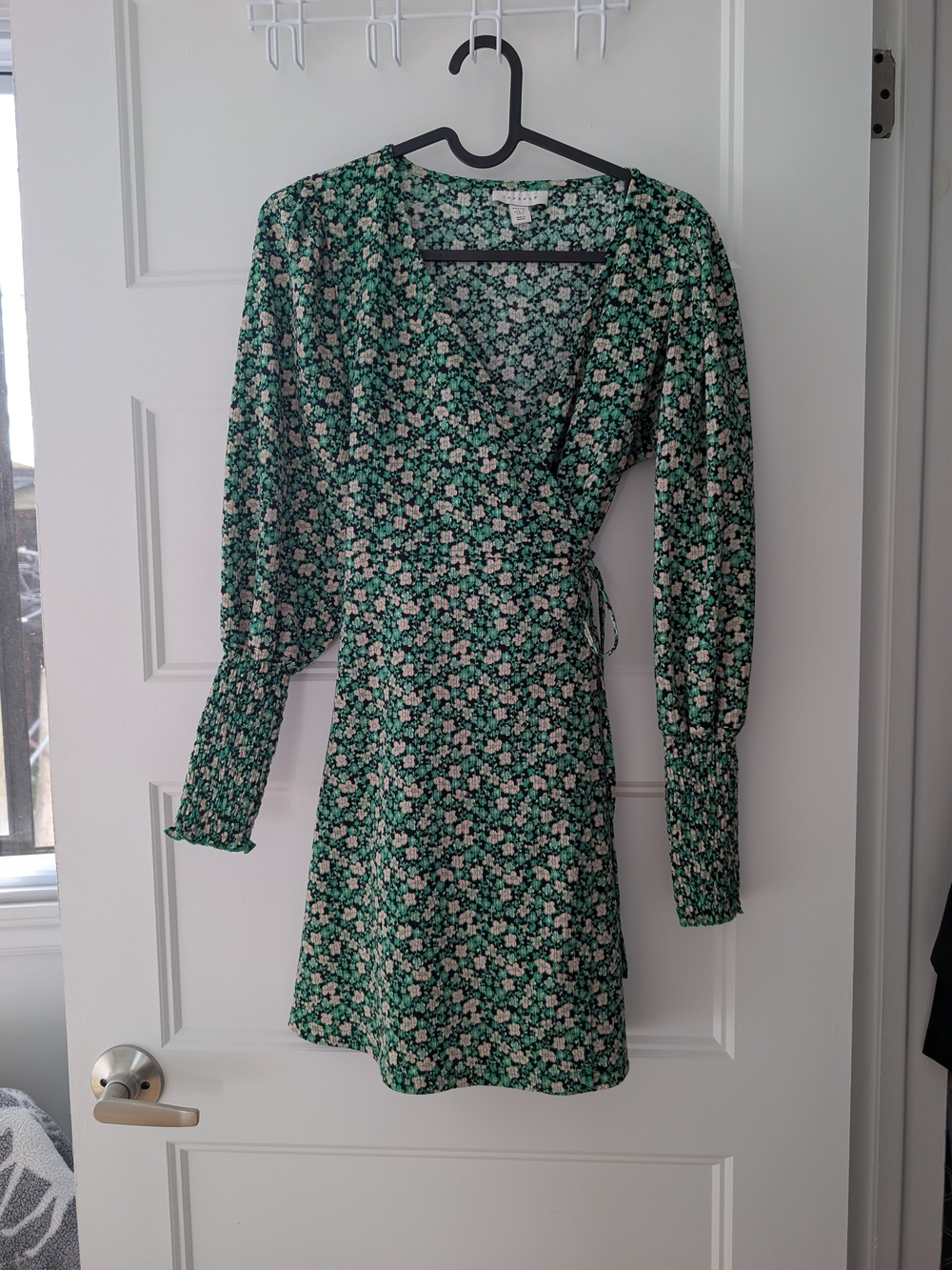 Topshop Green Floral Wrap Dress with Smocked Sleeves